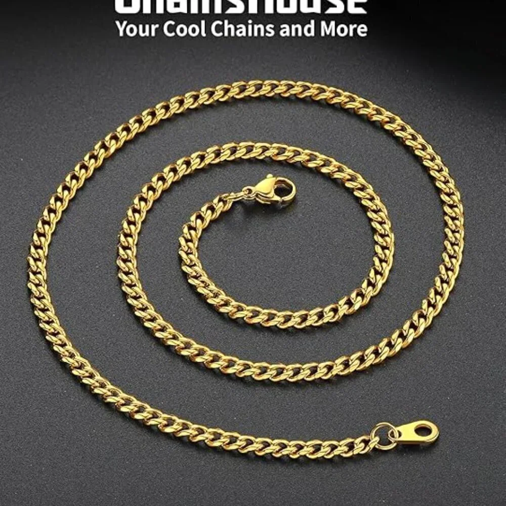 Miami Cuban Link Chain Necklace for Men Gold Plated 3mm-gold Stainless Steel